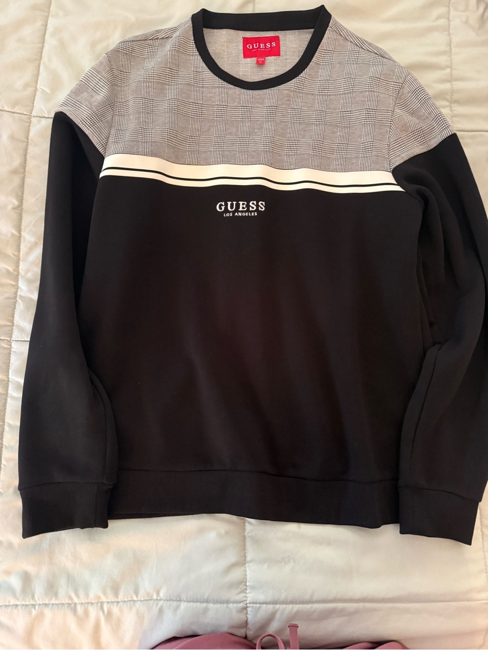 GUESS Black Crewneck Sweatshirt with Grey Plaid Yoke and White Stripe